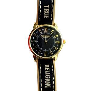 True Religion Men’s Watch Black Gold Dial TRM107 Analog Leather Strap Fashion